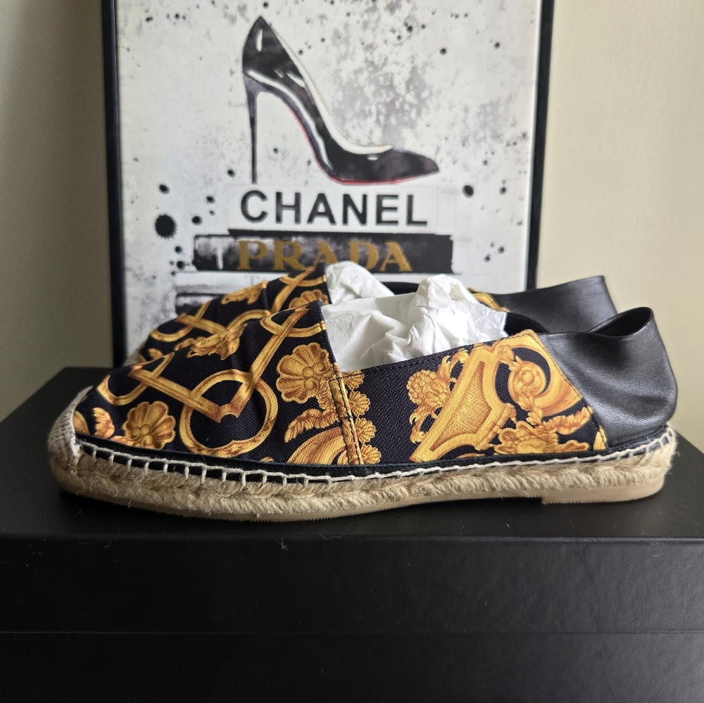 Versace St. Barocco Heritage Nappa Black and Gold Espadrilles Women's Size 9 - Picture 2 of 10